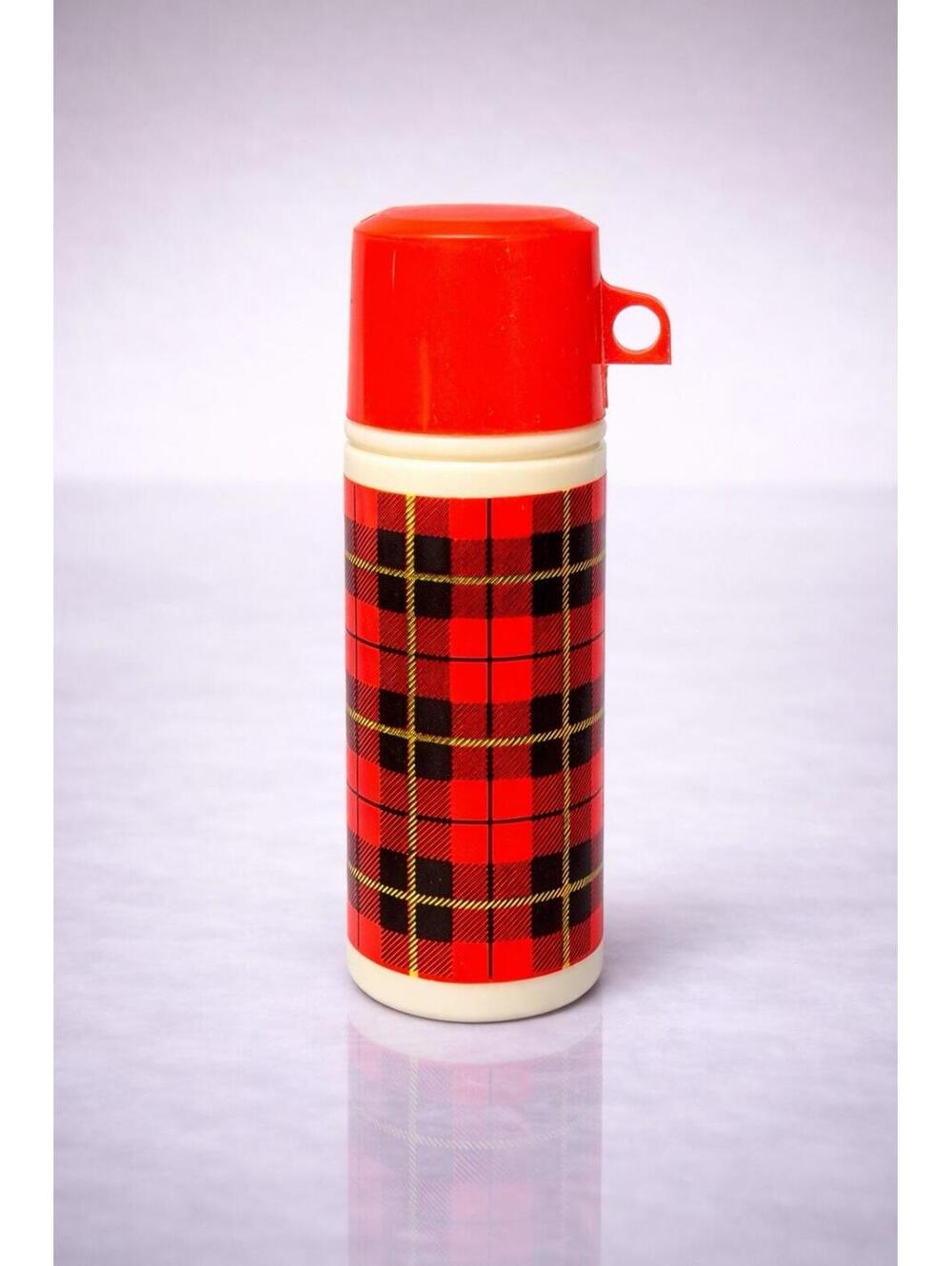 Avon 1970s Plaid Thermos Wild Country After Shave Bottle, 2x5”